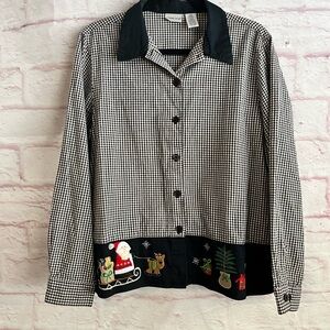 Cabin Creek Black Shirt Gingham Grandma-core Embroidered Christmas Santa Holiday